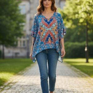 Tolani Blue Floral Blouse batwing silk high low